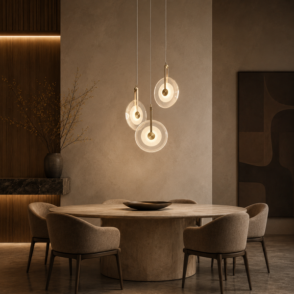 Aurum Gold Pendant Light, Gold Leaf Glass Disc Fixture, Dimmable LED, Dining Room & Foyer