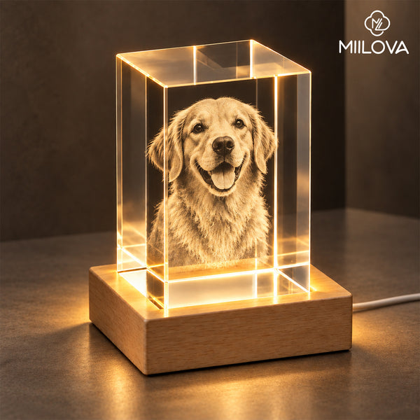 Custom Photo Crystal, 3D Laser Engraved Portrait Cube with Warm Light Base, USB Powered