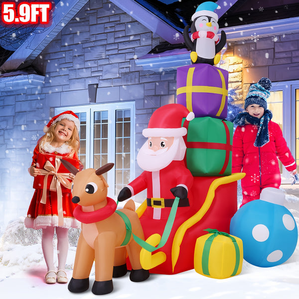 Santa and Reindeer Inflatable, Sleigh with Penguin and Gift Boxes, Built-In LED, 3 Sizes