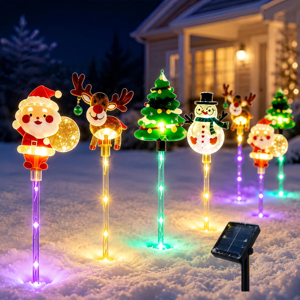 Solar Christmas Lights Outdoor, 8 Pack Santa, Reindeer, Snowman & Tree LED Stake Lights