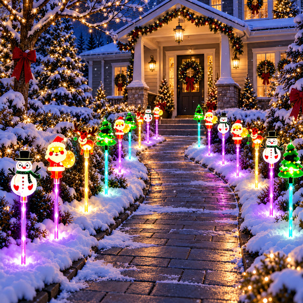 Solar Christmas Pathway Lights, 8 Piece LED Yard Stake Set, IPX6, Auto On/Off