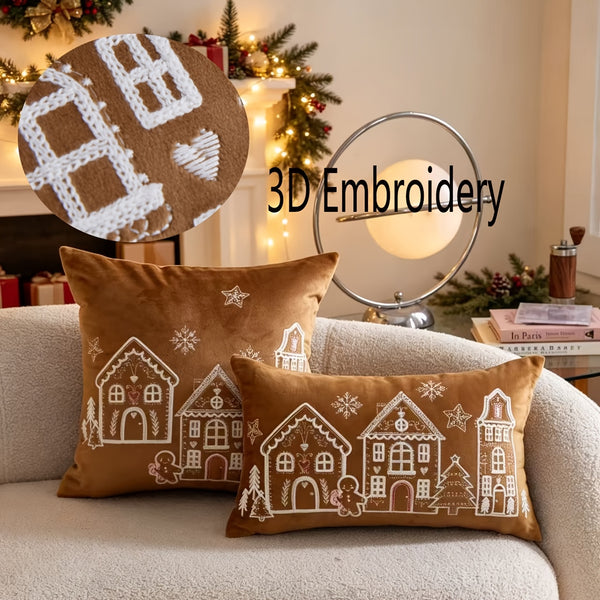 Christmas Pillow Covers, Embroidered Gingerbread Man and Snowflakes, Brown Flannel, 2 Sizes