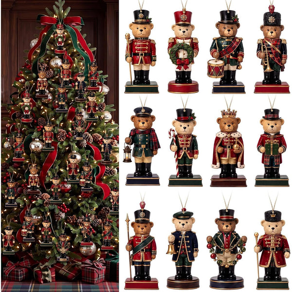 Christmas Tree Decorations, 36 Wooden Teddy Bear Ornaments, 3.94" Tartan Plaid Rustic Decor