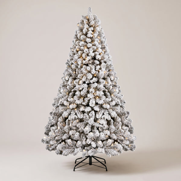 Flocked Christmas Tree Pre Lit, Snow Flocked Artificial Tree, Warm White Lights, 4.5 to 9 ft