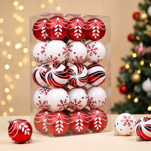 Christmas Tree Decorations, 30 Red & White Shatterproof Ball Ornaments, 2.36 Inch Holiday Set