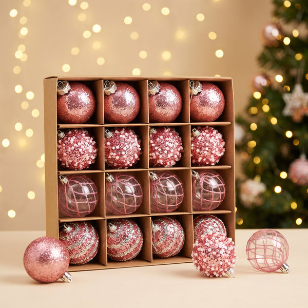 Christmas Tree Decorations, 16 Pink Glitter Ball Ornaments, 2.36 Inch, Glam Holiday Set