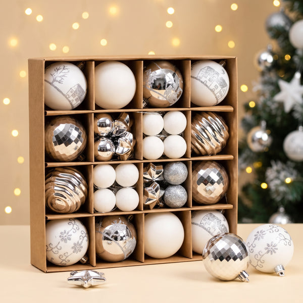 Christmas Tree Decorations, 44 Shatterproof Ornament Balls, Silver White Snowflake Glitter Set