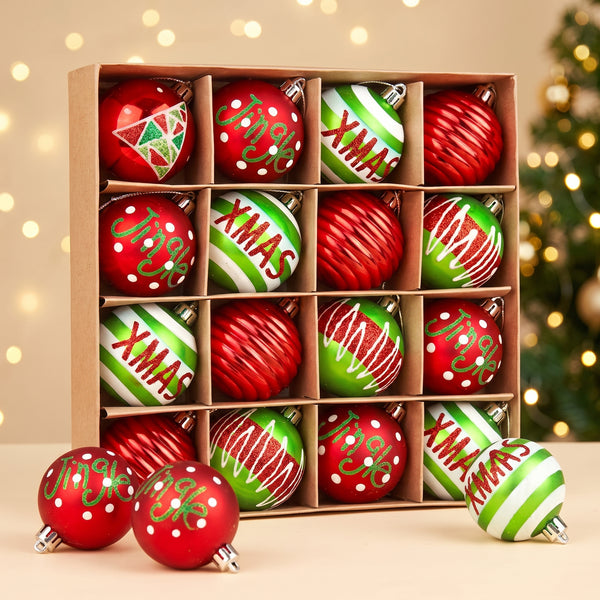Christmas Tree Decorations, 16 Red and Green Christmas Ornament Balls, 2.36 Inch, with Hangers