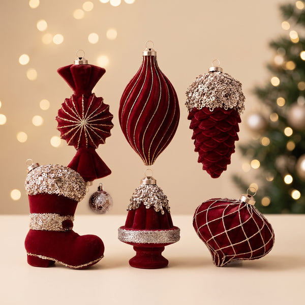 Christmas Tree Decorations, Red Velvet Ornaments, Set of 6 Irregular Balls, Glam Hanging Decor