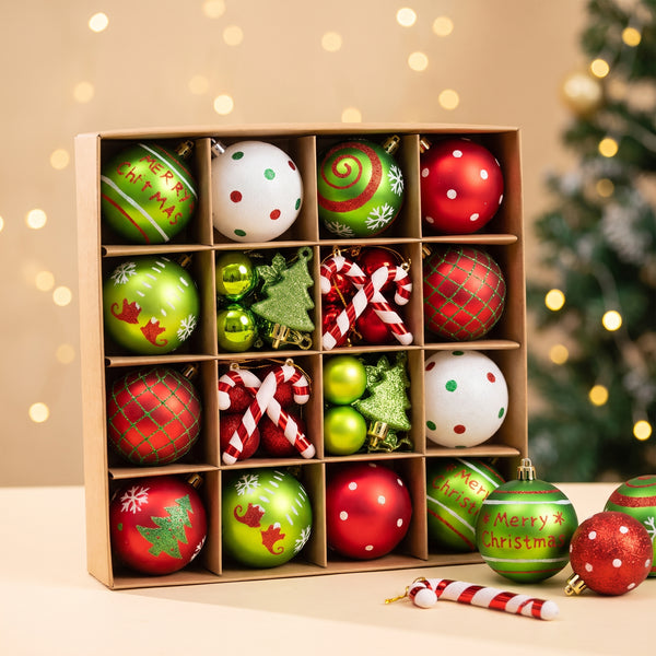 Christmas Tree Decorations, 46-Piece Red, Green & White Glitter Polka Dot Ball Ornaments Set