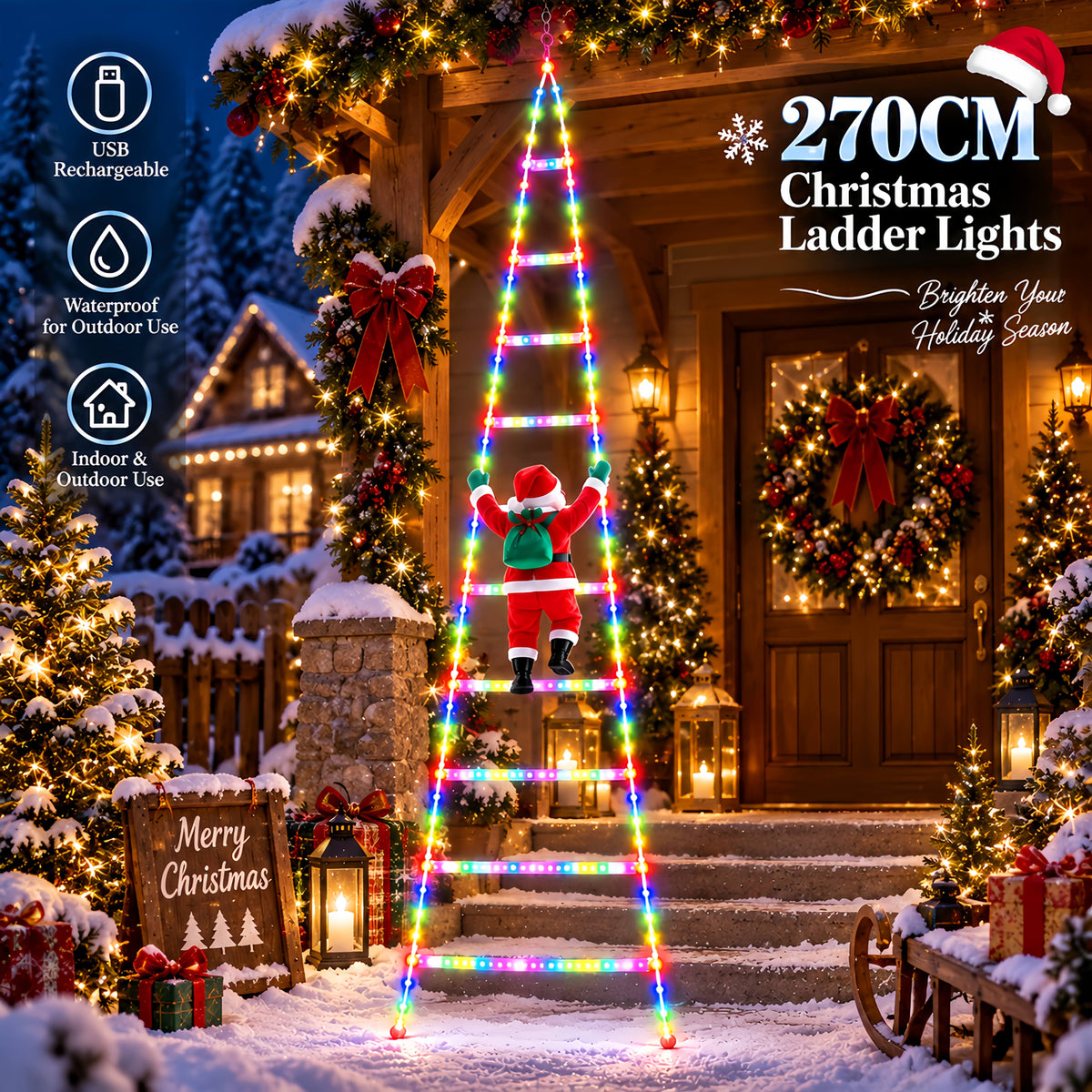 Outdoor Christmas Decorations, Climbing Santa Ladder Lights, 255 LED, Dimmable, USB Charging