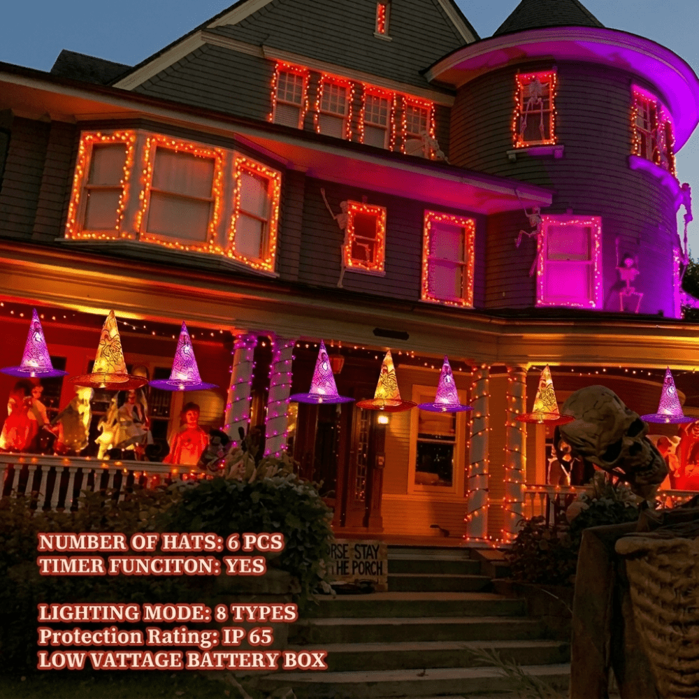 Light-up witch hat string light set, six hats in orange and purple on one LED light string