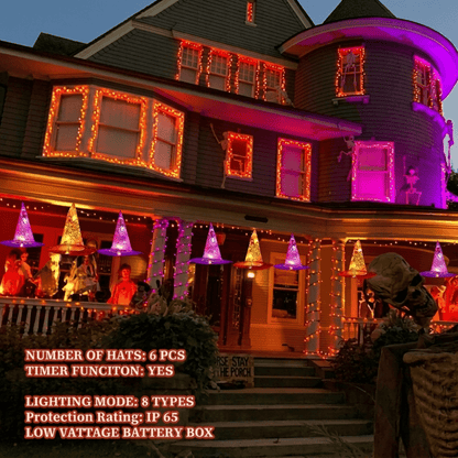Light-up witch hat string light set, six hats in orange and purple on one LED light string