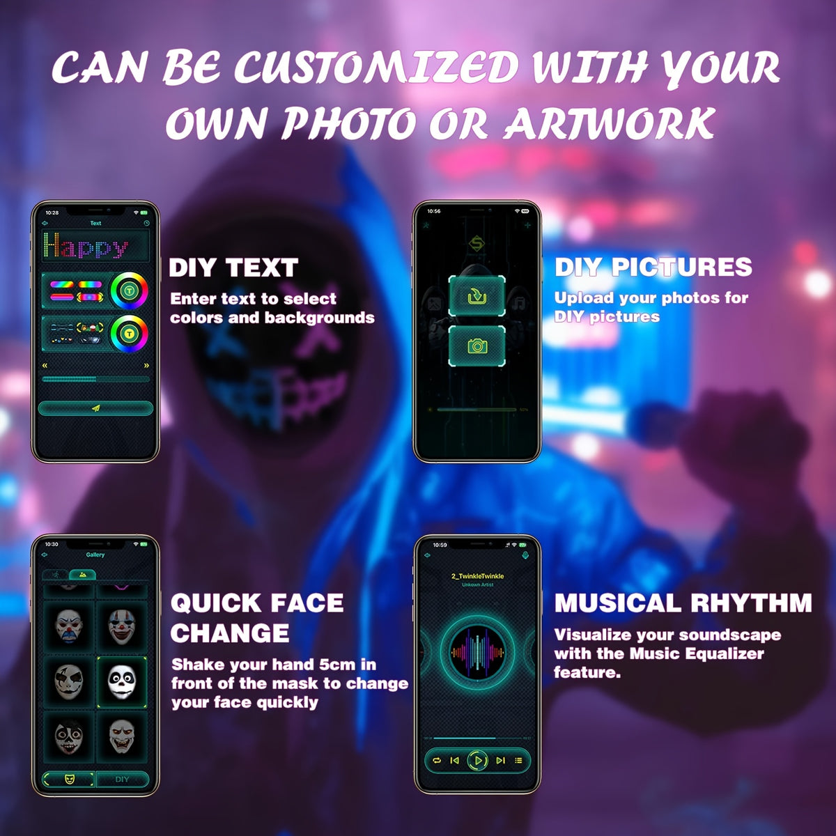 Programmable LED face mask for rave and festival wear