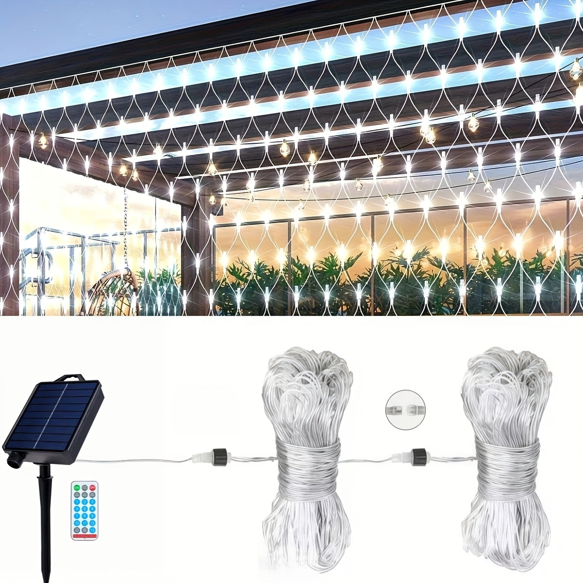Solar net lights installed on a garden hedge