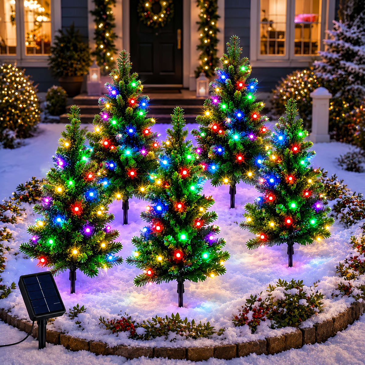 Multicolor LEDs glowing through the branches of a mini tree stake light