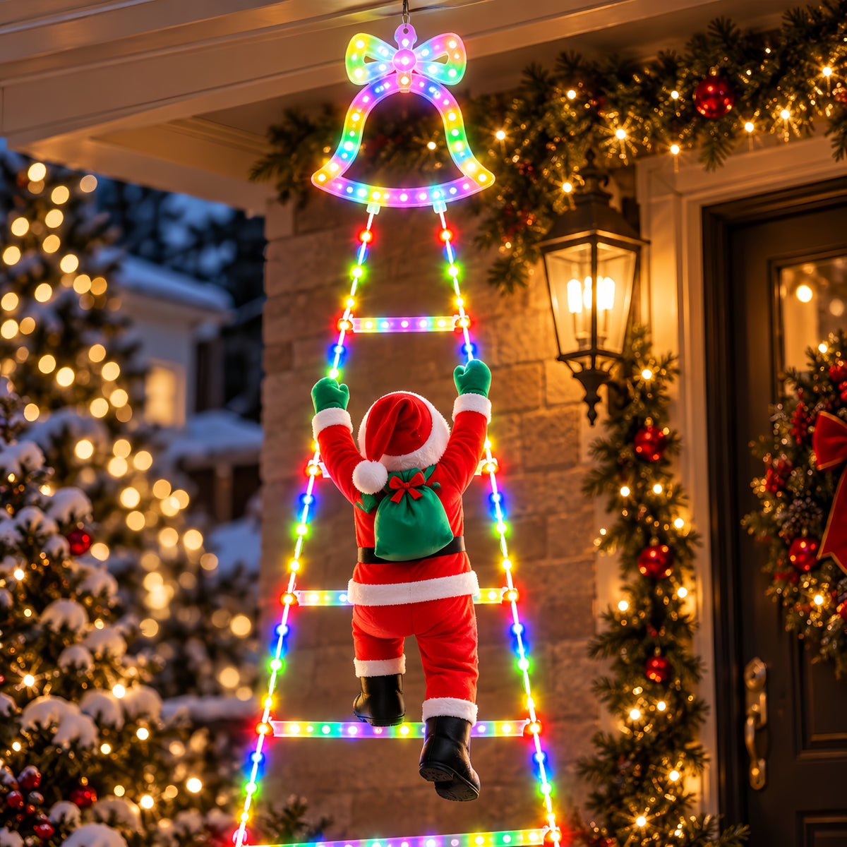 Outdoor Christmas Decorations, Climbing Santa Ladder Lights, 255 LED, Dimmable, USB Charging