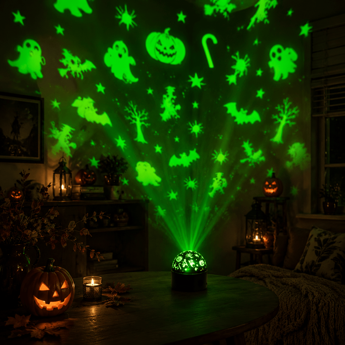 Projection lamp set on a table showing patterns projected around a room
