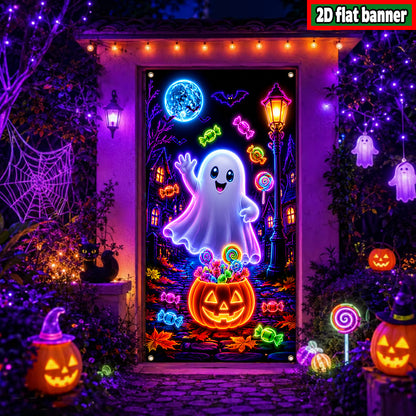 Halloween Banner, UV Blacklight Glow Door Cover, Ghost and Pumpkin Print, Polyester, 35 x 71 Inches