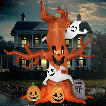 Tombstone figure at the base of the inflatable Halloween tree