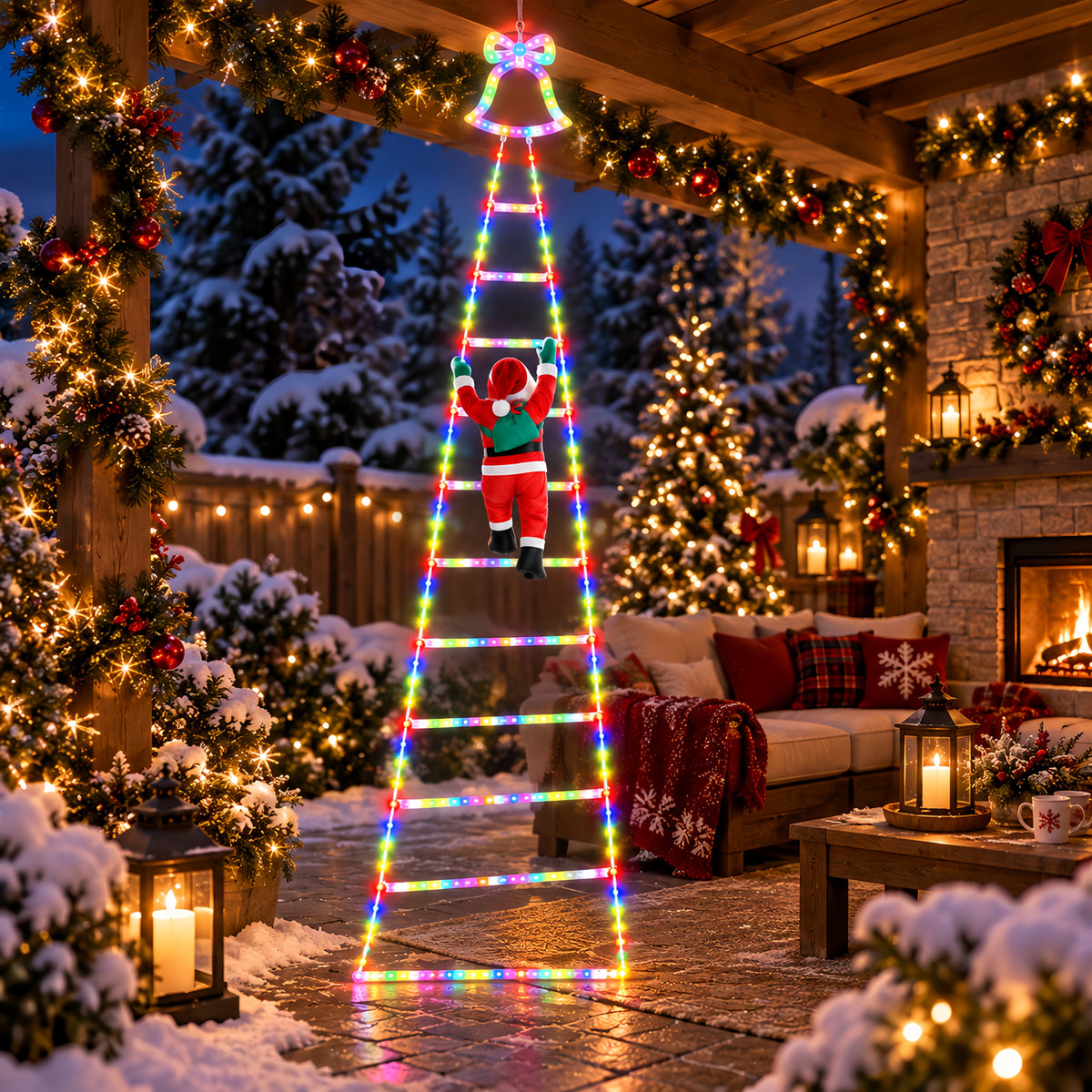 Outdoor Christmas Decorations, Climbing Santa Ladder Lights, 255 LED, Dimmable, USB Charging