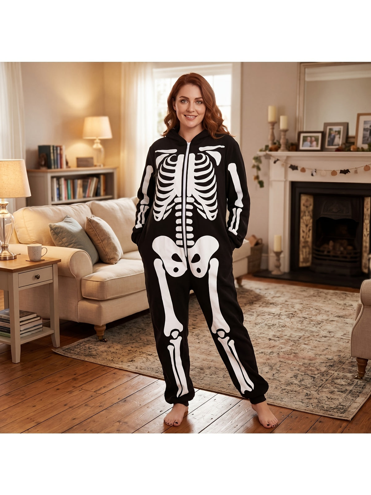 Plush skeleton pajamas worn as loungewear