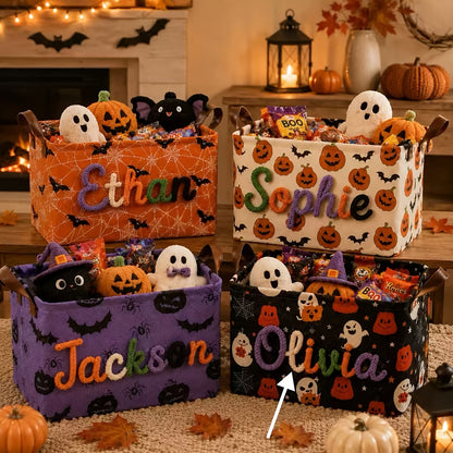 Custom Name Embroidered Halloween Storage Basket with Pumpkin Ghost Bat Pattern and Handles