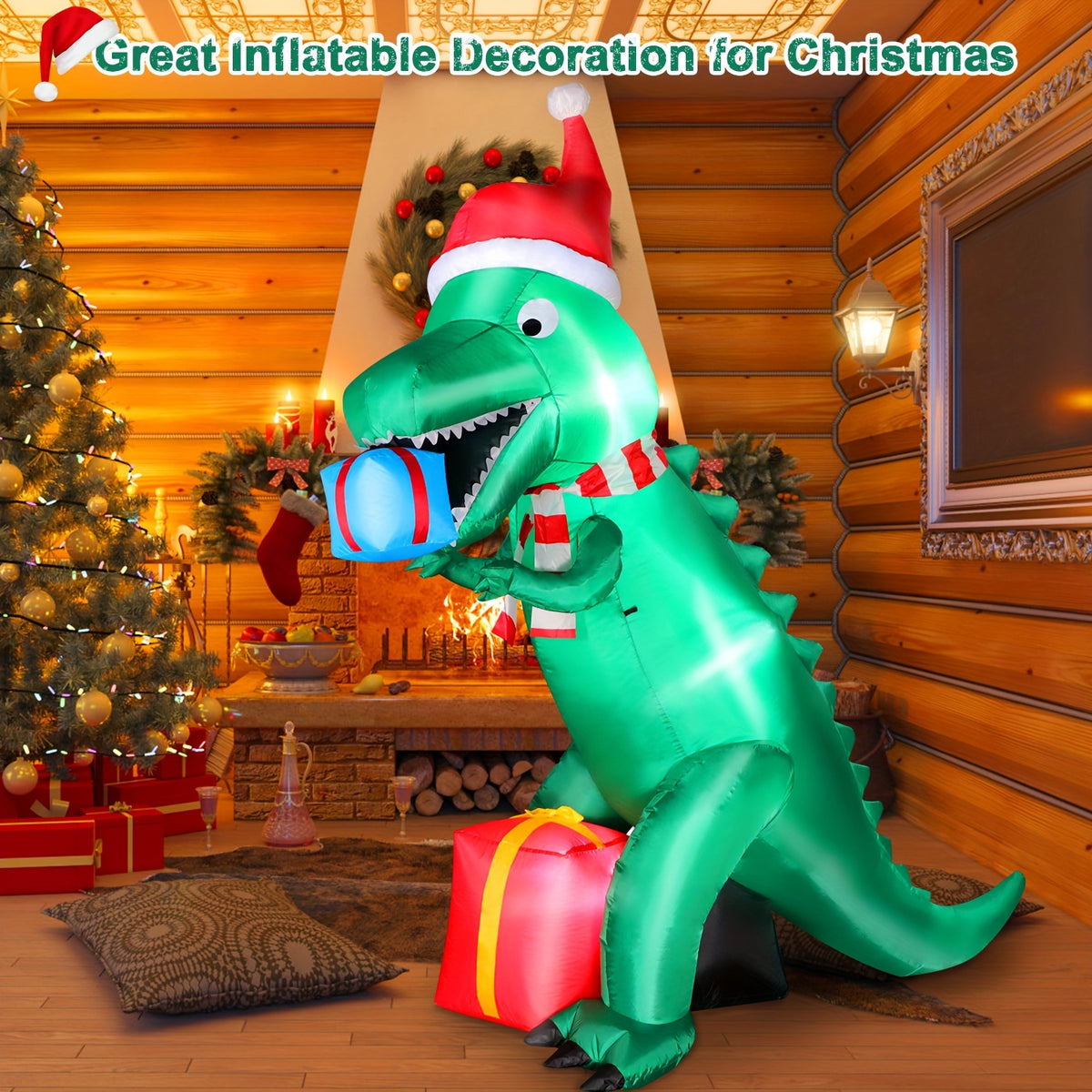 Lighted dinosaur inflatable for a Christmas lawn at night