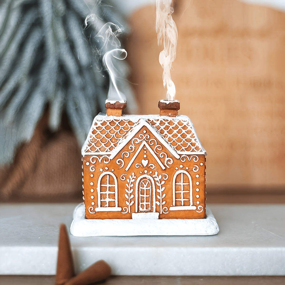 Yellow resin gingerbread house incense burner