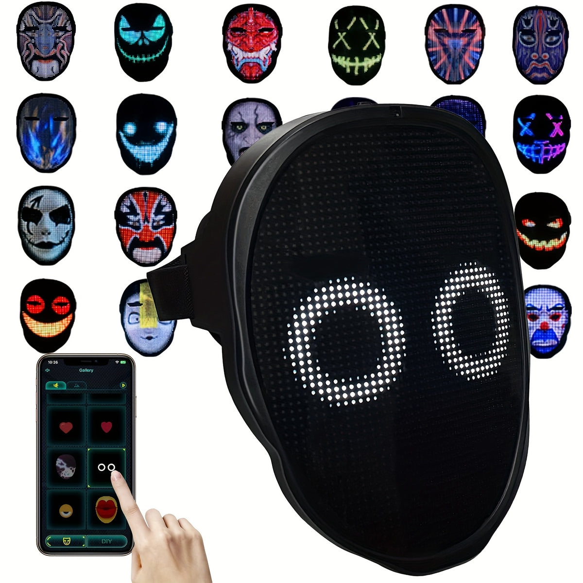 LED display mask showing one of 115 built-in patterns