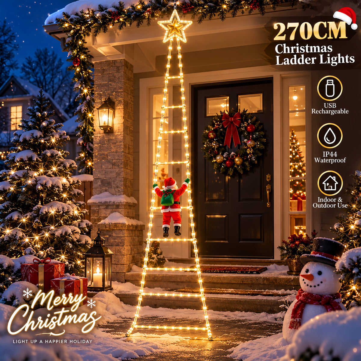 Outdoor Christmas Decorations, Climbing Santa Ladder Lights, 255 LED, Dimmable, USB Charging