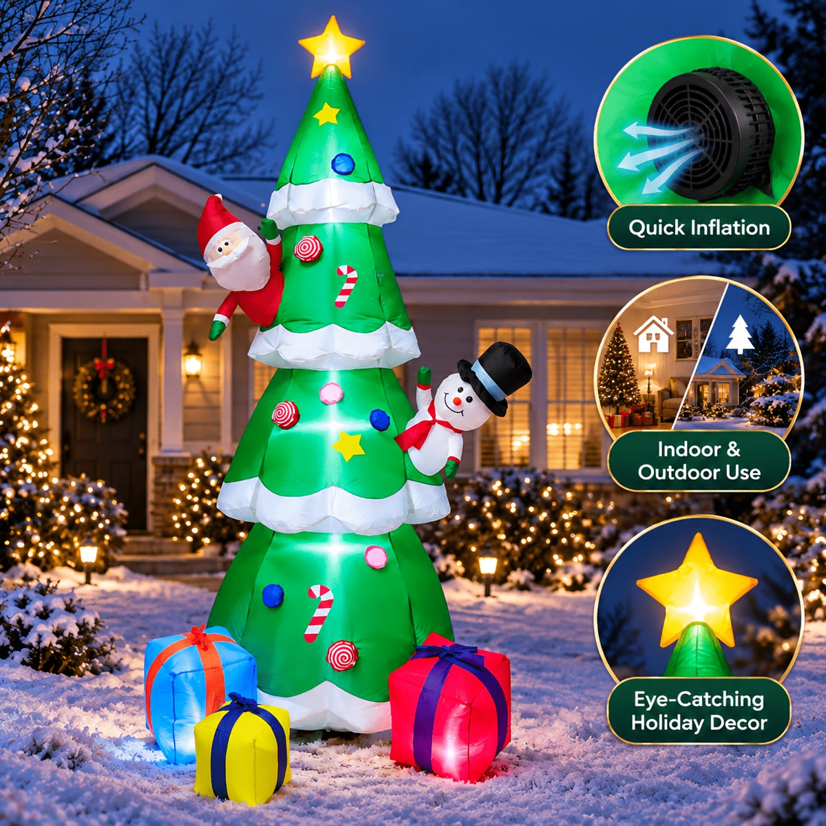 Inflatable Christmas Tree with Penguins, Santa Claus and LED Lights, Outdoor Yard Decoration