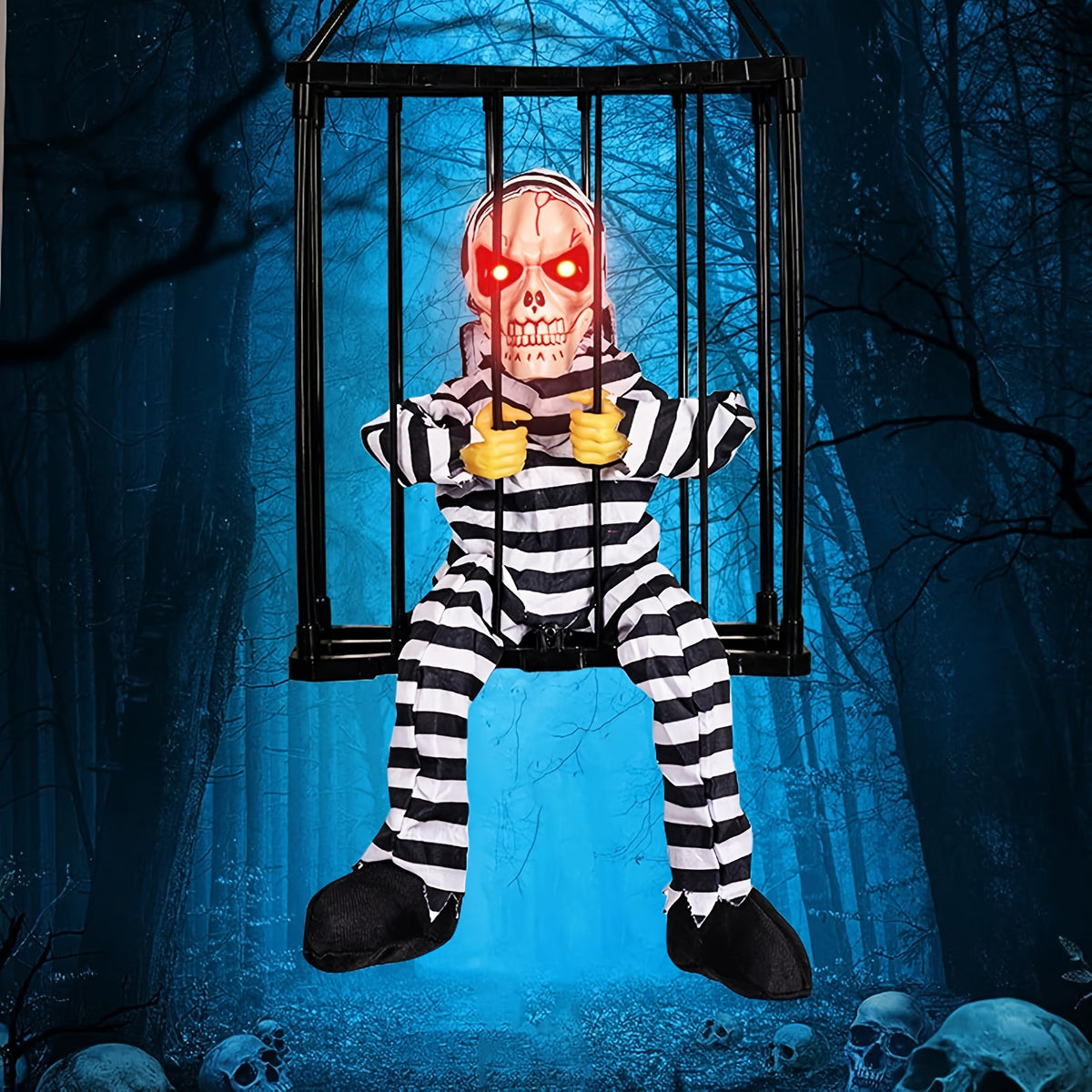 Animated skull ghost prop in chained prisoner pose