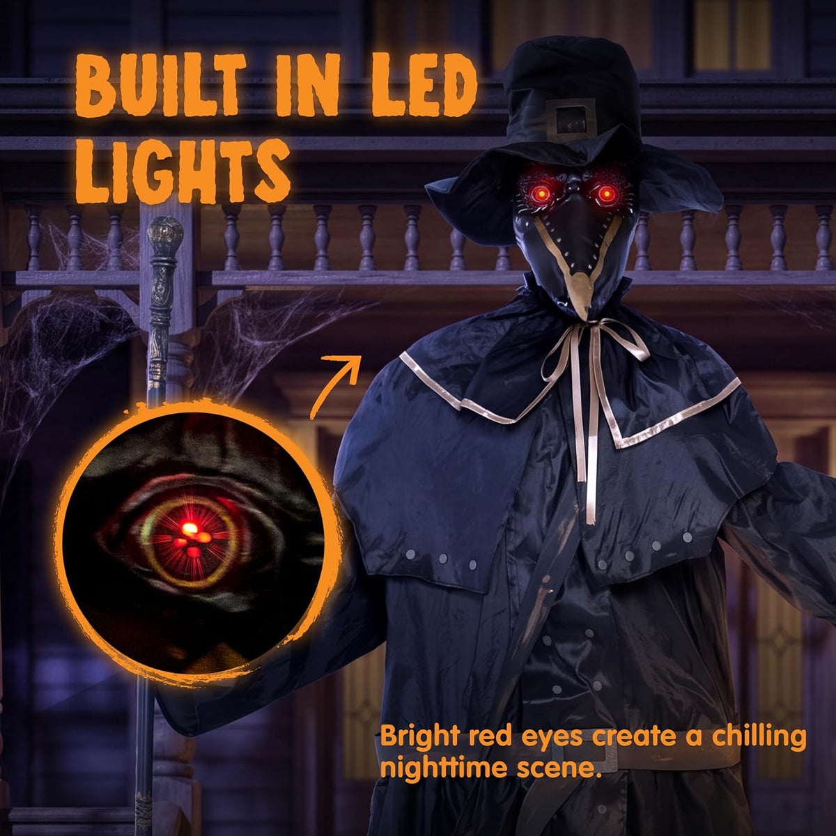Standing ghost doctor prop with lit LED eyes for yard display