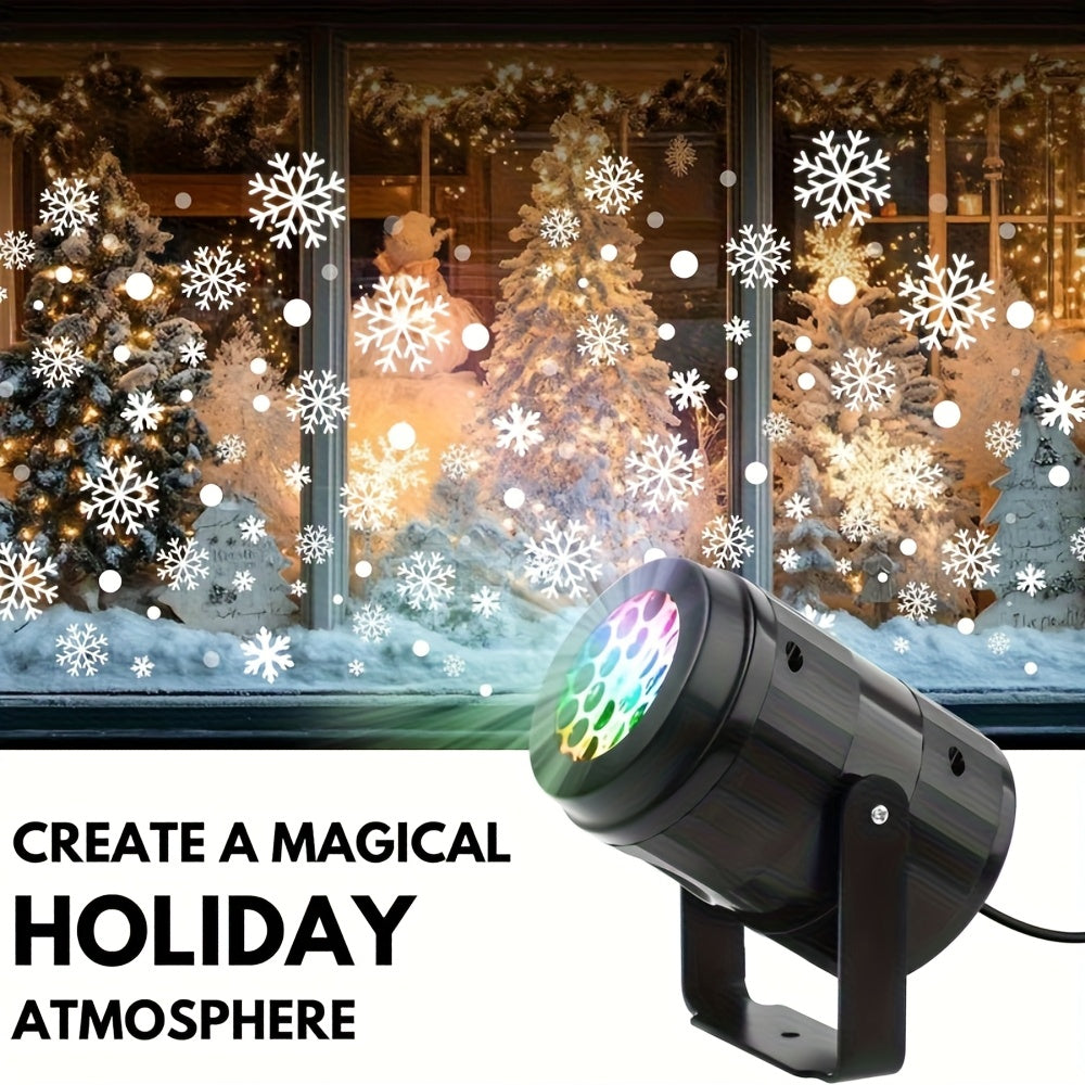 Projected snowflakes covering a pale house front at night