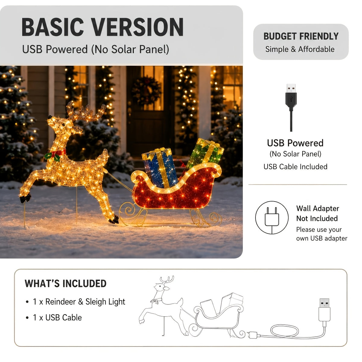 Lighted Sleigh and Reindeer Christmas Decoration, Warm White LED, Solar & USB, Outdoor Decor