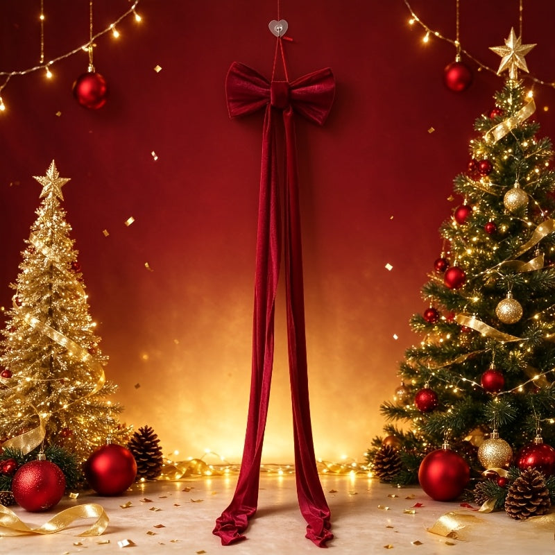 Red velvet bow with trailing tails for a door or wreath top