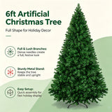 Unlit green artificial pine Christmas tree standing on a metal base