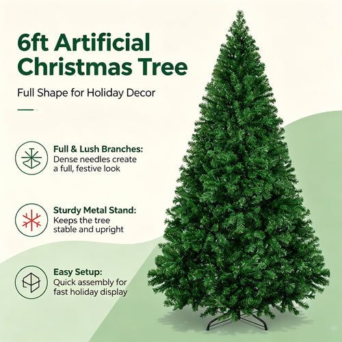 Unlit green artificial pine Christmas tree standing on a metal base