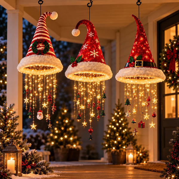 Christmas Decorations, Set of 3 LED Santa Hat Lights with Hooks, Indoor Window & Porch Decor