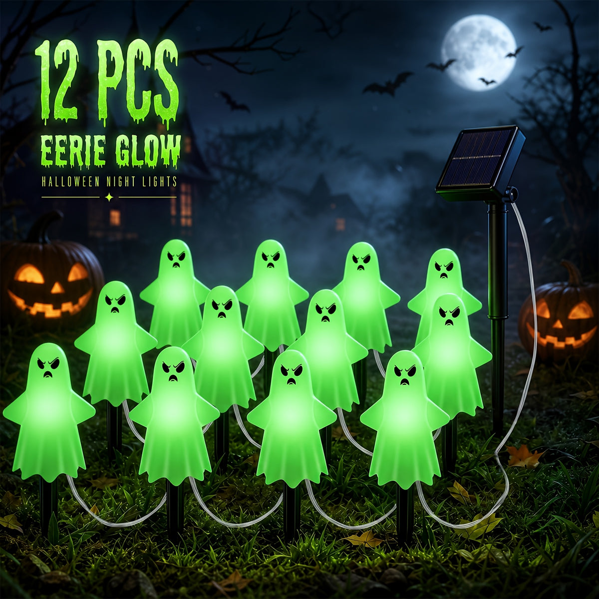 Solar Halloween ground stake lights, full set