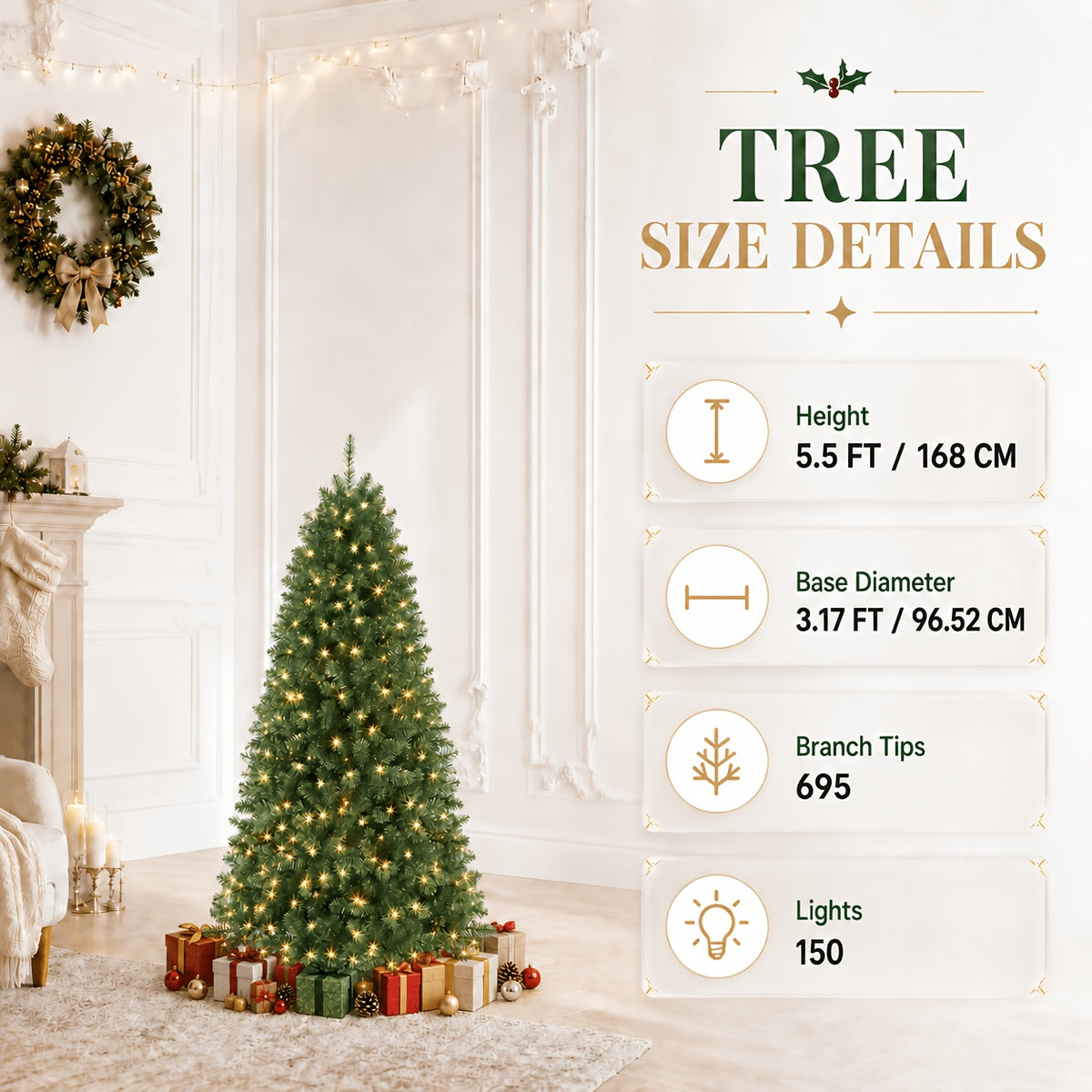 Pre-Lit Christmas Tree, 4.5, 5.5 or 8 ft, Warm White Pine, Metal Frame
