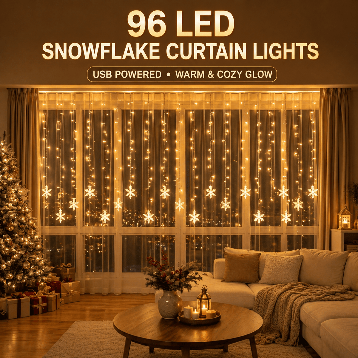 Snowflake LED curtain lights in warm white on a window