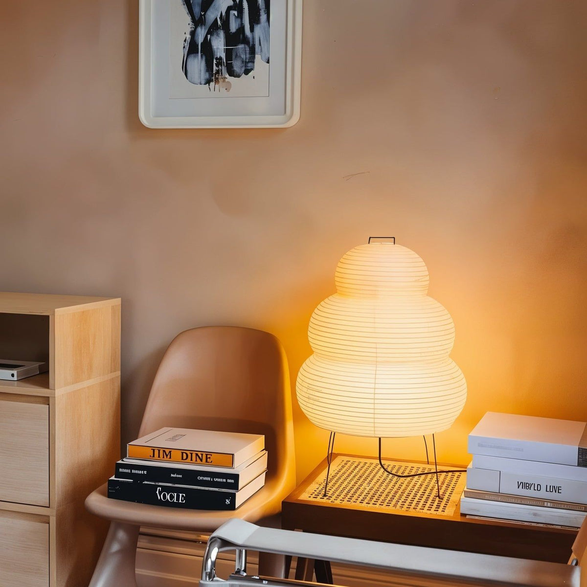 Rice paper lantern table lamp styled on a wooden table