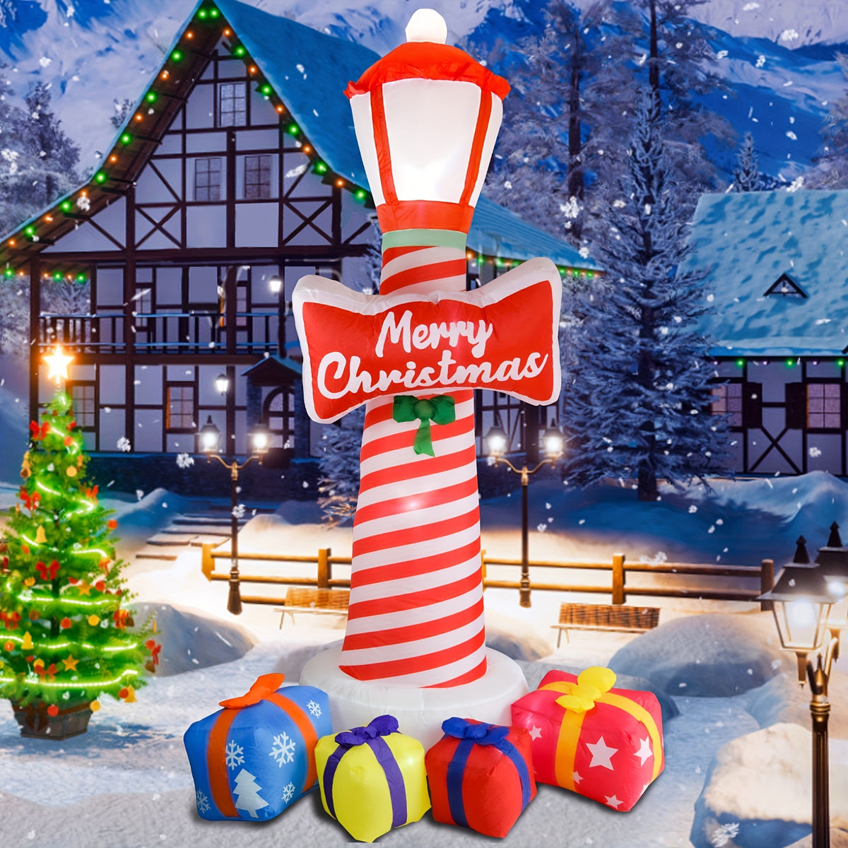 Christmas Inflatable Lighthouse, 8.1 ft, LED Lit with Gift Boxes