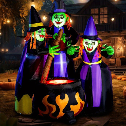 Six-foot inflatable Halloween decoration with three witches around a cauldron