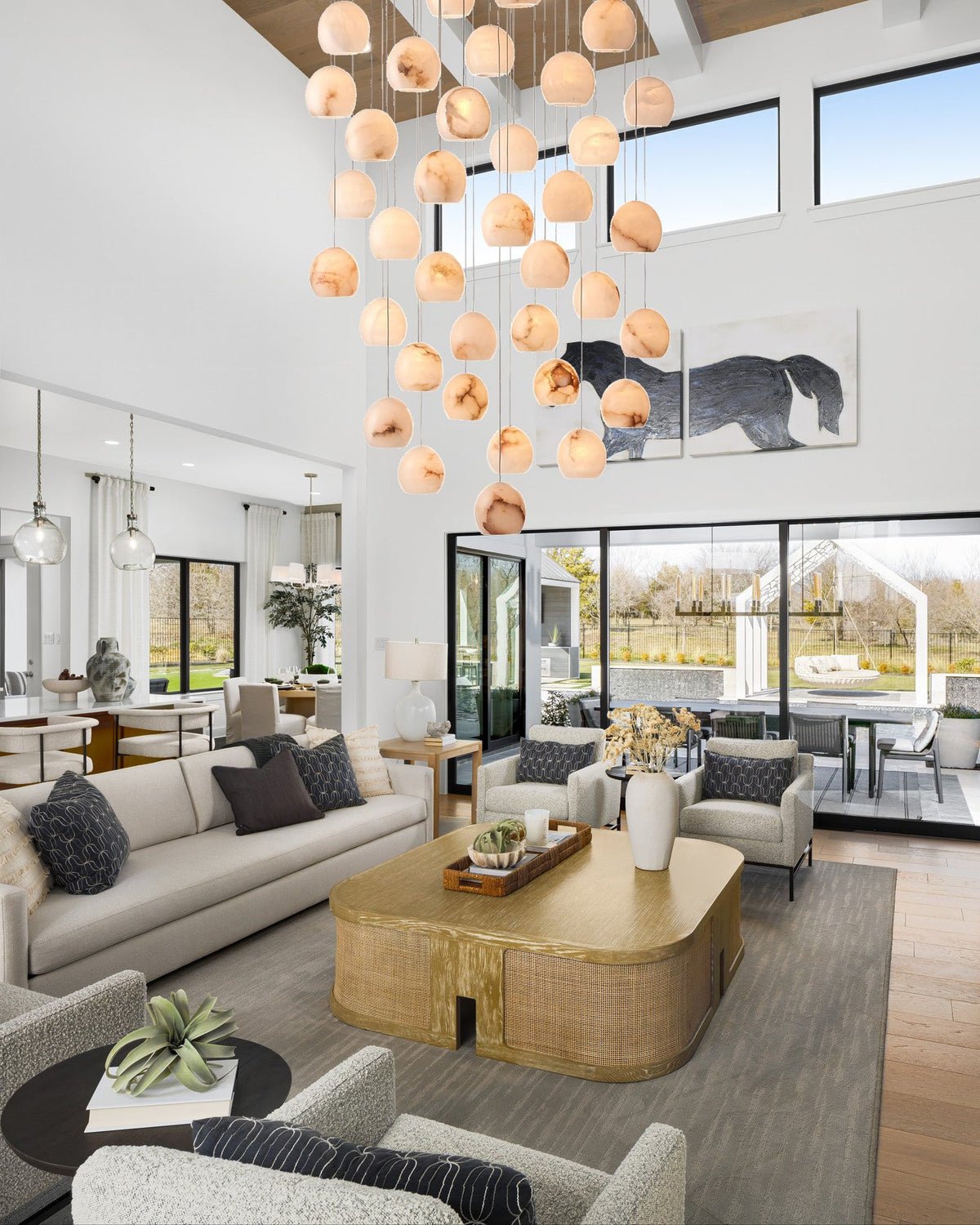 Tavira Chandeliers for Dining Room, Round Alabaster Chandelier, Adjustable Airplane Cable