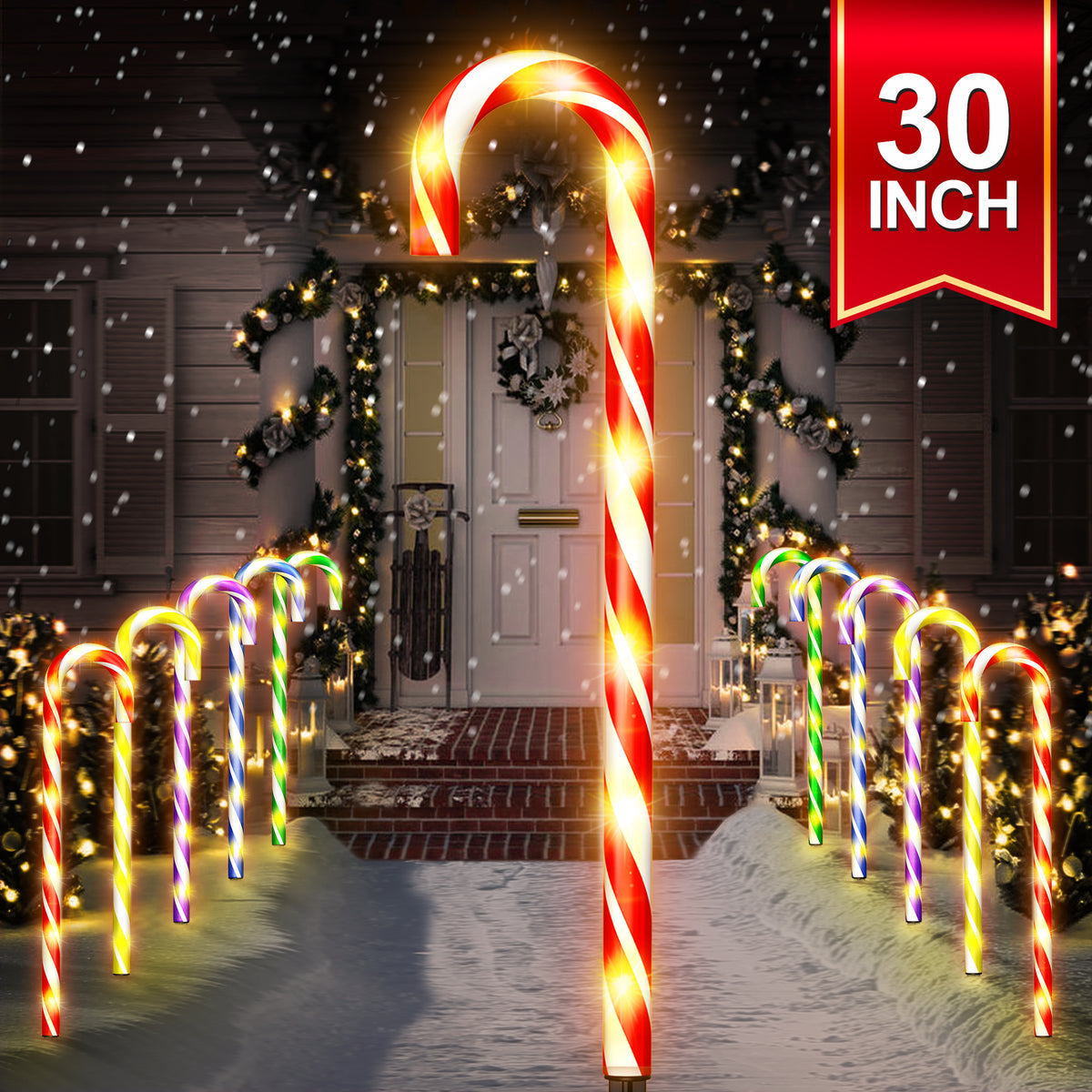 Candy cane pathway lights wired on a single 25 ft lead