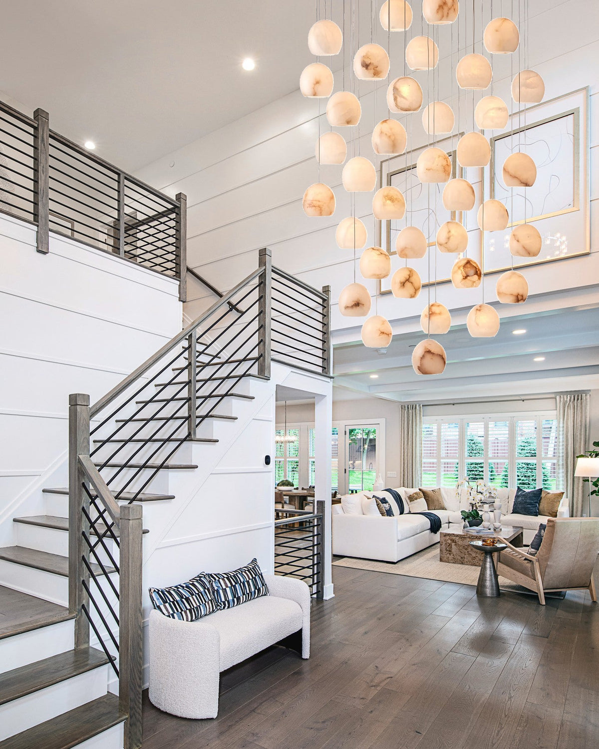 Tavira Chandeliers for Dining Room, Round Alabaster Chandelier, Adjustable Airplane Cable