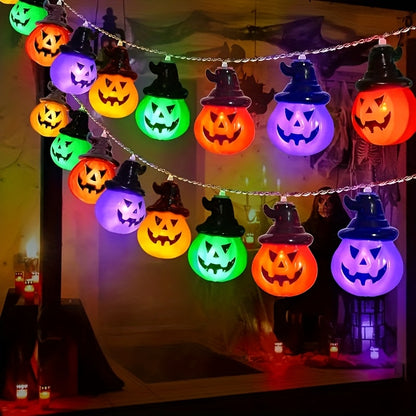 Pumpkin string lights glowing in a dark room for Halloween ambiance
